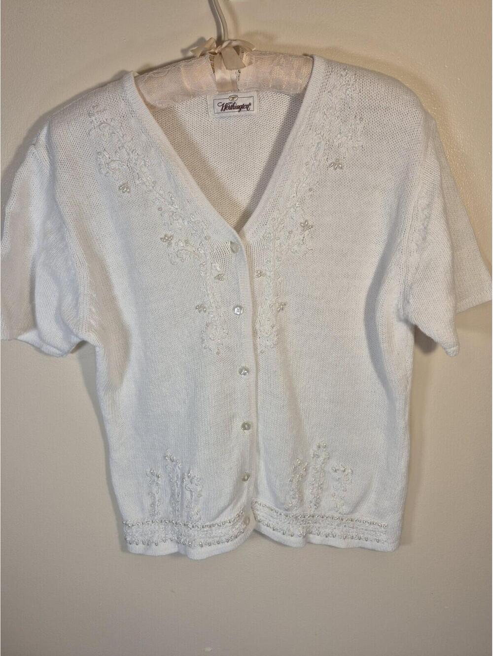Grandma Cottagecore Worthington Sweater Med Button Down White Pearl Embroidered